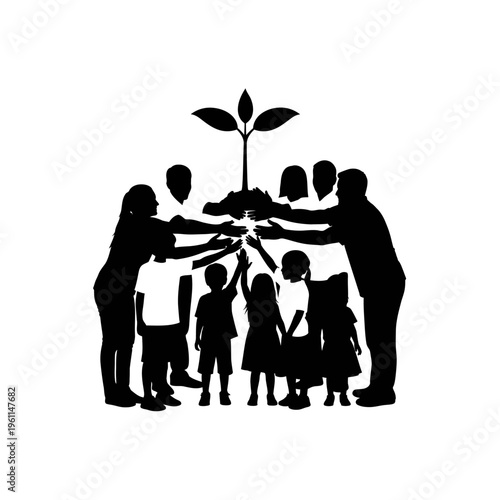 Diverse family holding a small plant.