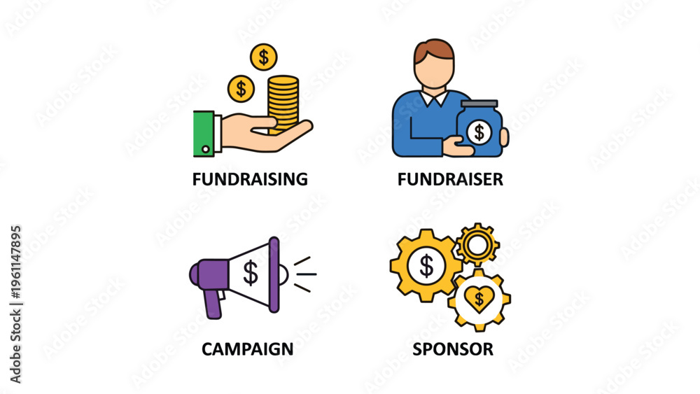 Fototapeta premium Illustrations depicting fundraising roles and campaign elements