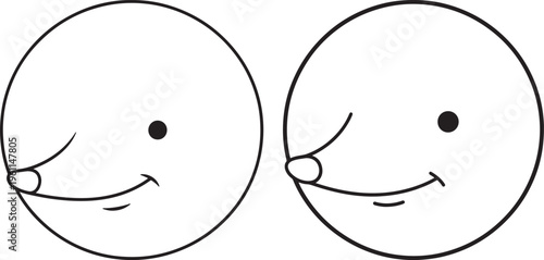 Two cute cartoon circles with noses and smiling mouths, representing happy faces or abstract characters, simple line art for emotions or mascots, Black And White