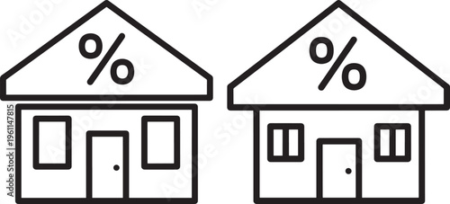 Two identical houses with percentage signs on roofs, representing real estate or mortgage interest rates, simple outline graphic for finance concepts, Black And White