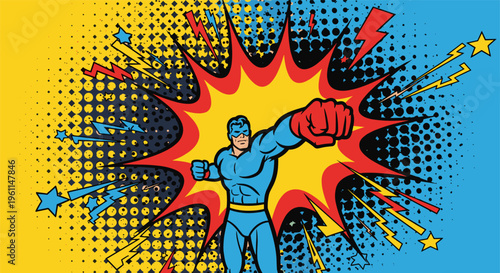 Superhero Punch Pop Art Explosion Comic Book Style Bright Colors for Advertising