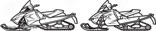 Two snowmobiles parked side-by-side, shown in a detailed outline drawing, representing winter sports or recreational vehicles, Black And White