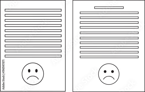 Two document pages with sad faces and lines of text, one slightly different, suggesting negative feedback, customer satisfaction survey, or bad news, Black And White