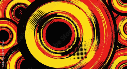 A vibrant abstract composition of yellow red and black circles