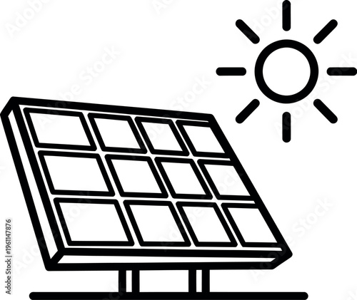 Black and white line art of solar panel under the sun