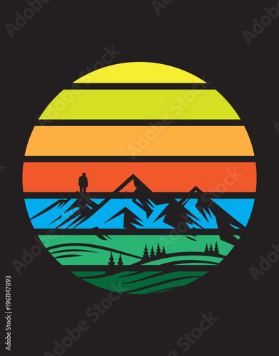 Colorful sunset mountain landscape icon