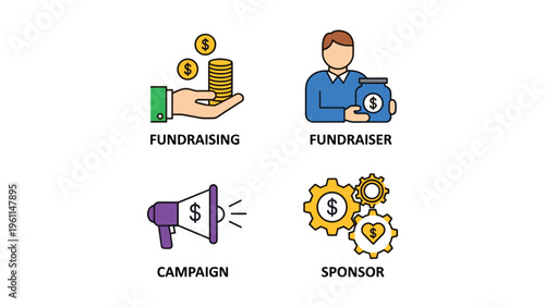 Illustrations depicting fundraising roles and campaign elements