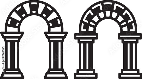 Classical Roman Arch with Columns Vector Outline Illustration for Architecture, History, and Ancient Civilizations - Black and White Historic Structure Icon