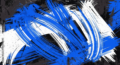A blue and white abstract painting with black background