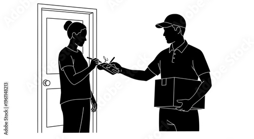 Delivery person handing package to customer at doorstep with signature