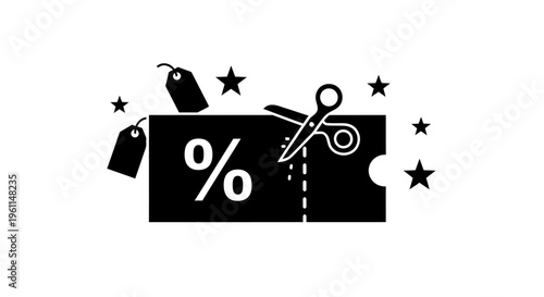 Discount coupon with scissors cutting off a percentage tag