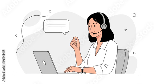 Customer service representative with headset and laptop, communication concept