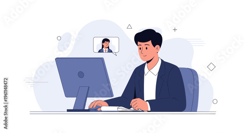 Man in suit video conferencing with colleague on computer screen, remote work concept
