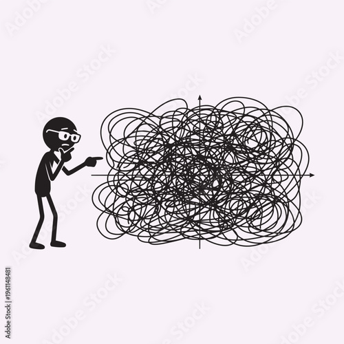 Stick Figure Pointing At Chaotic Graph Lines Confusion Concept Minimal Black Vector Silhouette Illustration