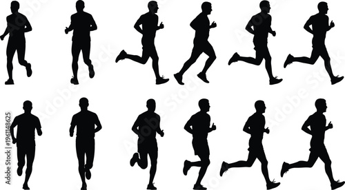 Black Silhouettes of Men Running and Jogging in Different Poses, Male Athlete Sprinting, Fitness and Marathon Concept, Isolated Vector Set