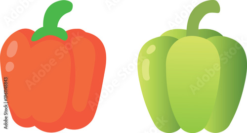 Unique Flat Design Vector Illustration of Red and Green Bell Peppers, Minimalist Capsicum Vegetable Icons for Healthy Food Design