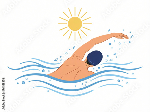 Illustration of a man swimming in the ocean with sun and waves.