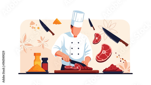 A chef in a white uniform prepares meat for Eid Qurbani festival, surrounded by knives, spices, and raw meat on a wooden cutting board, symbolizing traditional food preparation