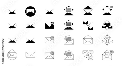 Envelope icon set with various black line styles and symbols for email communication featuring symbol, mail, messaging with digital and online