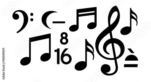Music notes with black eighth and sixteenth rests and clef signs on white background featuring musical symbols, note values, melody with harmony and