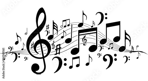 Musical notes and clefs flowing in a dynamic arrangement with black and white tones featuring music, sheet music, treble clef with bass clef and