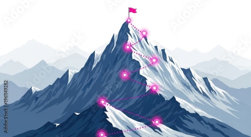A winding pink path with glowing markers leads to the summit of a snowcapped mountain, topped with a red flag