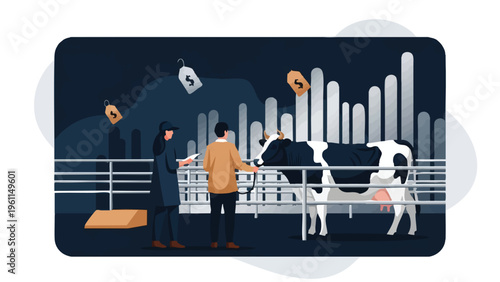 Vector graphic depicting a scene of Eid al-Adha with a man and woman near a qurbani animal, surrounded by money bags, symbolizing the festive sacrifice and charity