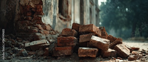 Pile of red bricks in front of a crumbling weathered building with trees in background
