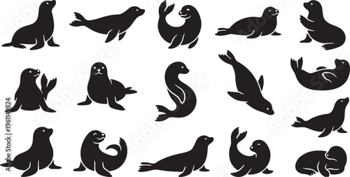 Seal Silhouette Icon Set: Minimalist Marine Mammal Poses for Vector Design.