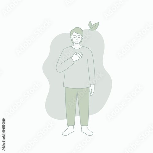 Man with hand on chest feeling calm.