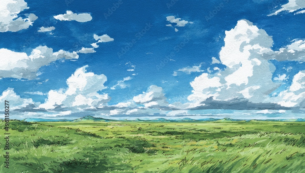 Obraz premium Vast Green Meadow Under a Dramatic Blue Sky with Fluffy White Clouds.