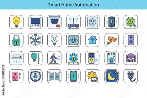 Smart home automation icons set with various devices and symbols isolated on white background