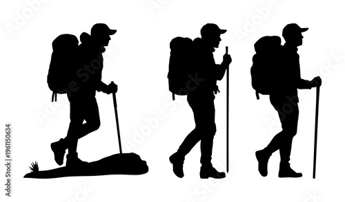 Backpacking hiker silhouette set with dramatic mountain backdrop in winter sky featuring hiker, backpack, trail with outdoor and adventure