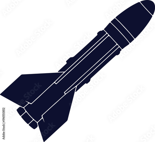 A dark blue silhouette of a ballistic missile with fins isolated on a white background. Vector, illustration