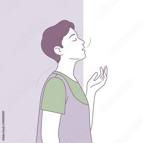 Person inhaling deeply with eyes closed and hand outstretched.