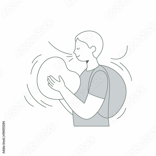 Person blowing air into a large round object.