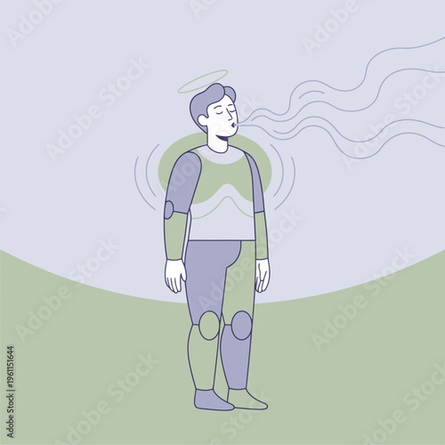 Person exhaling deeply with visible breath and aura.