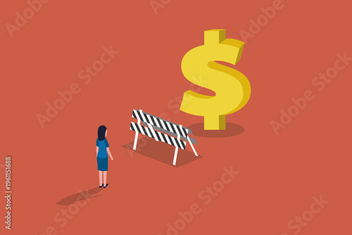 Business woman walking toward a giant dollar symbol behind a road barrier, representing financial obstacles, funding challenges, and capital access