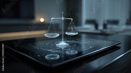 Holographic justice scale on tablet