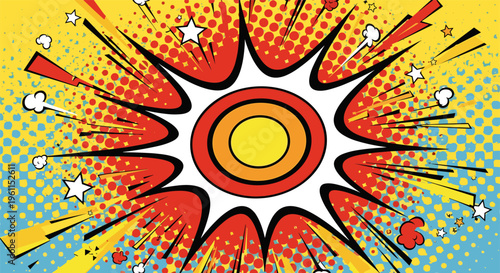Vibrant pop art explosion in bright colorful comic book style with dynamic motion lines for advertising