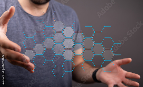 Innovative concept of digital network. Hand gesture with a hexagon structure. Futuristic, modern design of network data