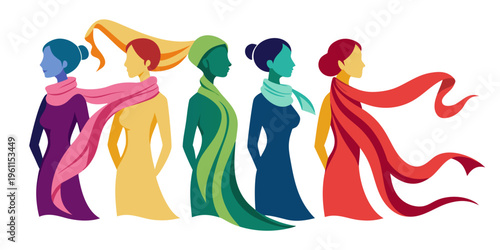 Woman silhouettes with flowing scarves in various colors
