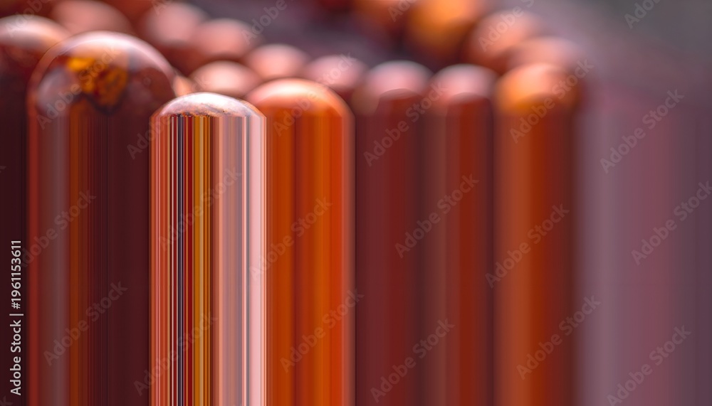 Fototapeta premium Macro view of curved, cylindrical objects with blurred background, varying focus