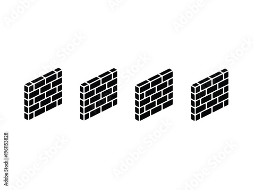 Four black brick wall sections on an isolated white background for design
