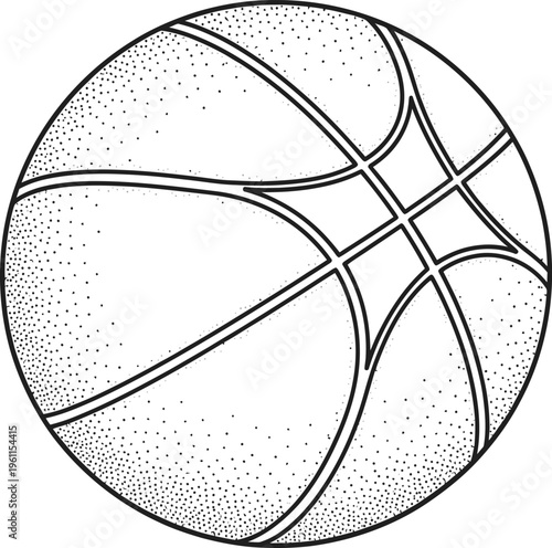 A black and white illustration of a basketball