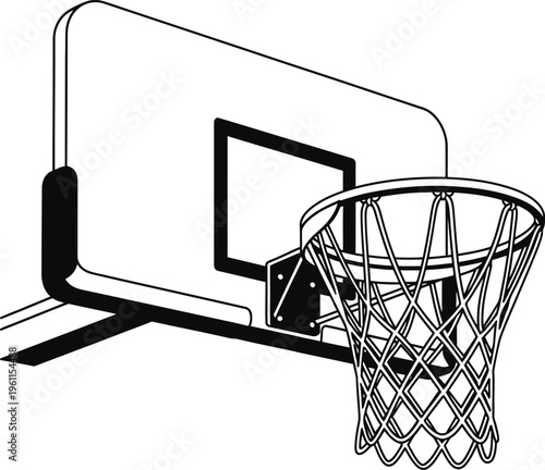 Black and white illustration of a basketball hoop and backboard