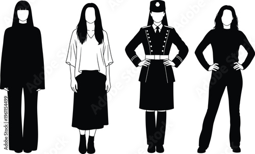 Black silhouette women in diverse clothing styles and professions, casual, modest, military, and confident fashion vector artwork illustration
