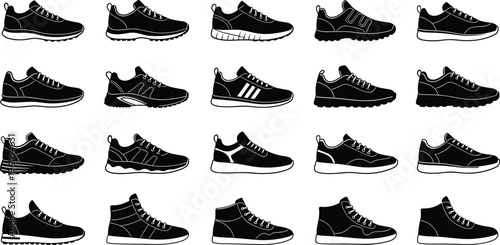 Set of black sneaker silhouettes collection various sports shoes styles isolated on white background vector illustration modern footwear design pack