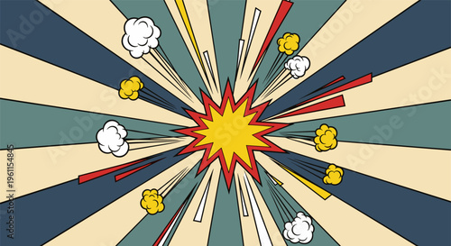 Comic book explosion burst in dynamic colorful illustration for graphic design