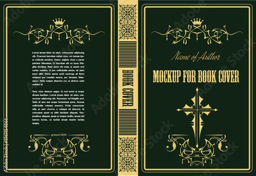 076-16-Green and gold vintage book cover mockup displaying ornate royal design elements